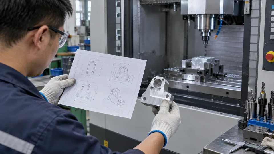 Machinist comparing an engineering drawing with a finished CNC bracket
