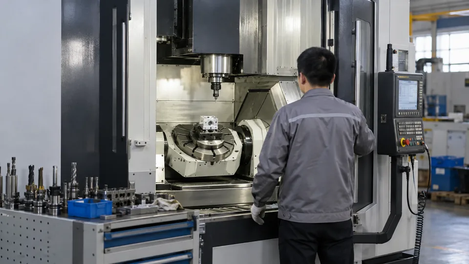 Five-axis fixture showing how a workpiece can be reoriented