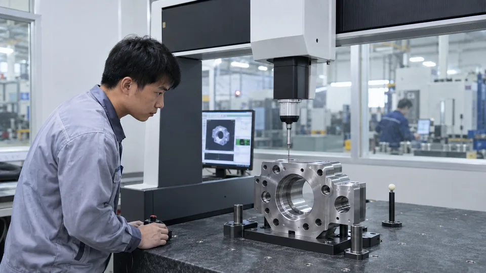 Inspector checking CNC part tolerances on a CMM