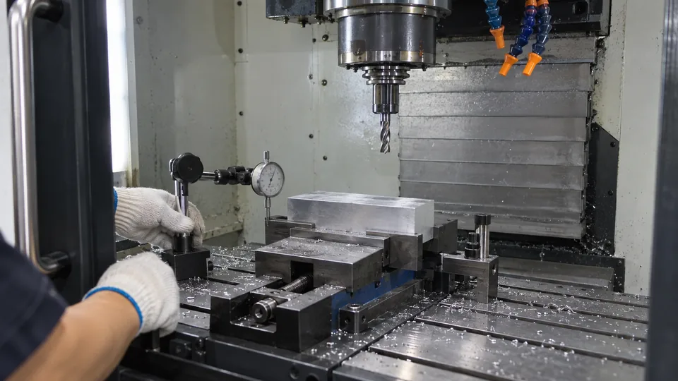 Idle CNC milling setup with an aluminum billet clamped in a vise