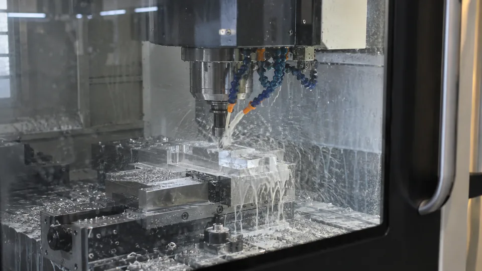 CNC milling machine cutting aluminum inside a guarded enclosure