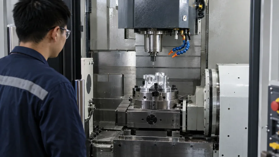 CNC machine axes and rotary fixture during setup