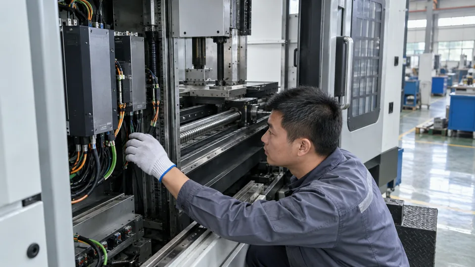Technician inspecting CNC motor and motion hardware