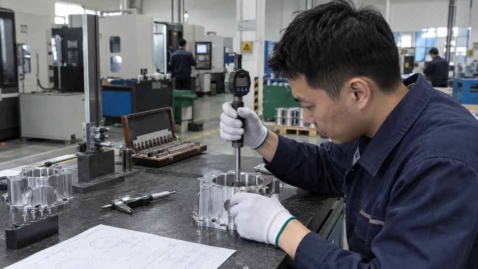 Technician measuring CNC part accuracy after machining