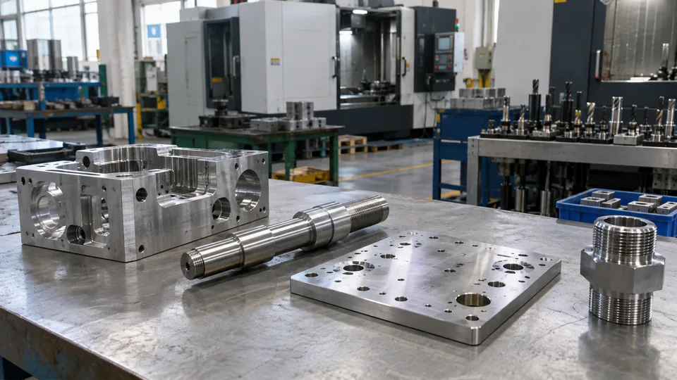 Milled housing, turned shaft and threaded fitting on a machine shop bench