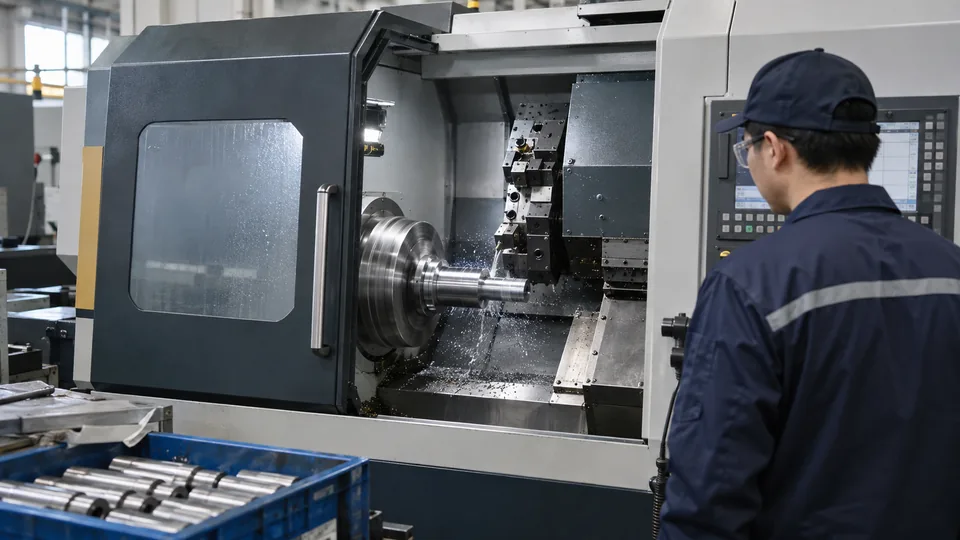 CNC turning a cylindrical steel shaft