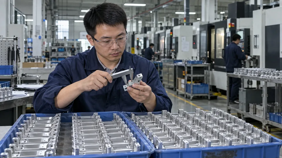 Inspector measuring matching CNC machined aluminum brackets