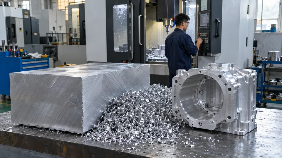 Billet, chips and finished housing showing machining waste