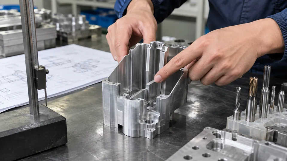 Machinist examining a deep pocket and cutter access on an aluminum part