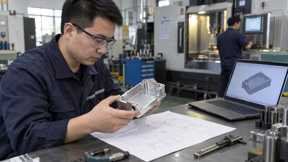 Chinese engineer reviewing a custom aluminum housing against a drawing