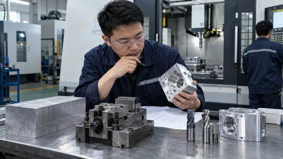 Custom CNC part pricing factors on a workbench