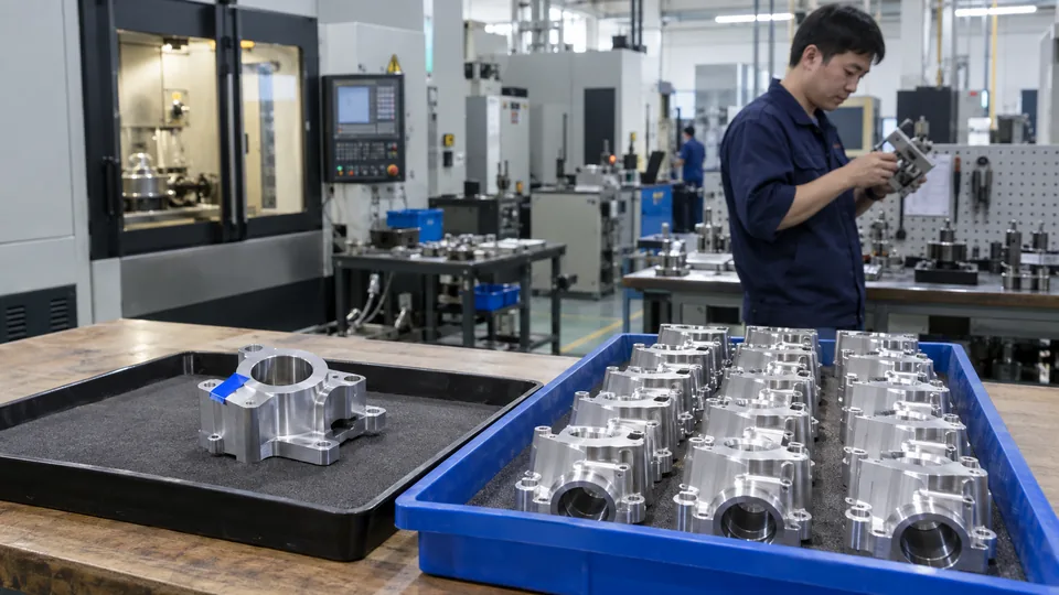Single machined prototype beside a repeat batch of matching production aluminum parts