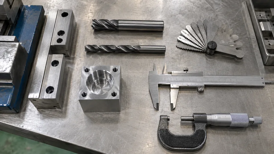 CNC cutting tools and gauges arranged beside machined samples