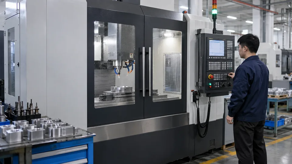 CNC milling machine types include an enclosed vertical machining center in a Chinese factory