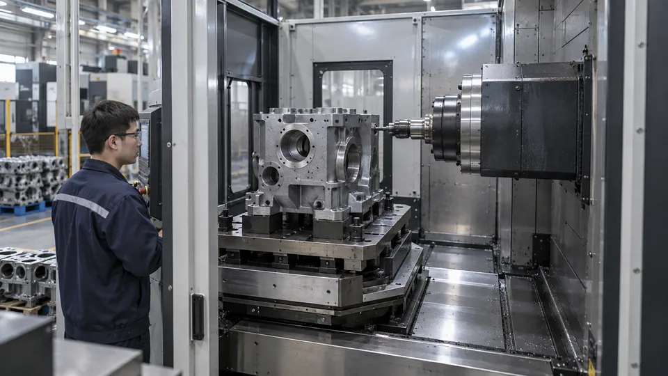 Horizontal CNC machining center with side-oriented spindle and pallet