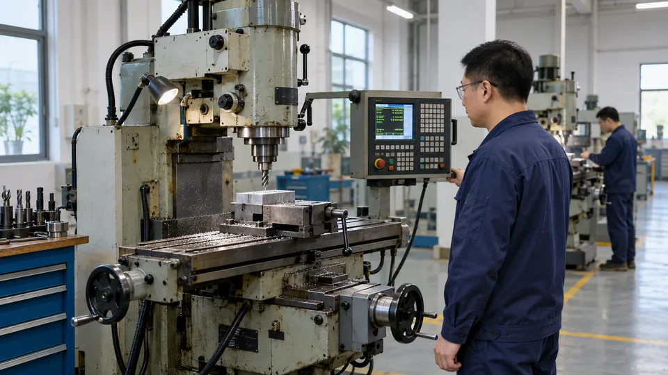 CNC knee-type milling machine in a Chinese training workshop