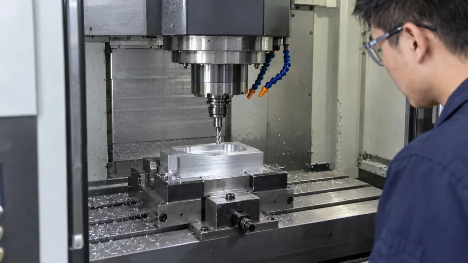 Three-axis vertical mill cutting a rectangular pocket in aluminum