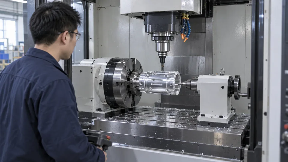 Fourth-axis rotary table holding a metal component in a vertical mill