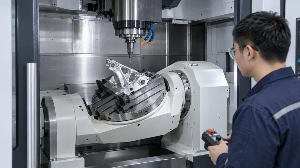 Five-axis trunnion milling center holding a complex aluminum bracket