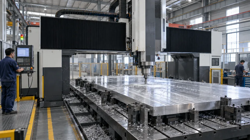 Large gantry CNC mill machining a broad aluminum plate in a Chinese factory