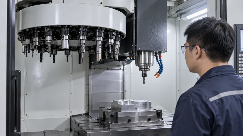 Automatic tool magazine beside a CNC milling center spindle