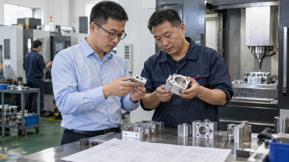 Chinese buyer and machinist comparing parts from different CNC milling setups